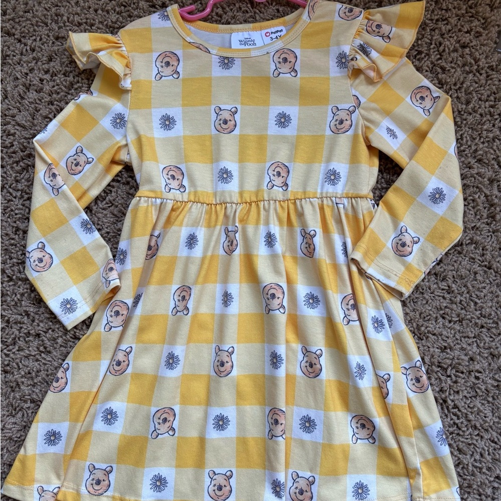 PatPat Yellow Checkered Dress with Bear Design